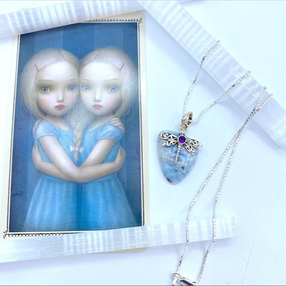 Dragonfly Blue Scheelite & Amethyst Solid Sterling Silver Necklace
